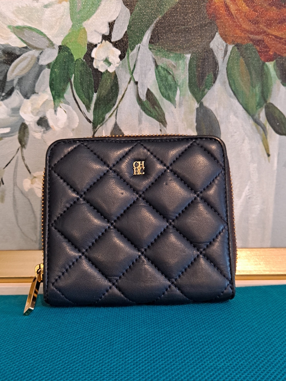 Carolina Herrera Diamond Quilted Dark Navy Leather Compact Luxury Bifold Wallet